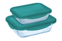 Cook & Go - Juego de 2 fuentes de vidrio cuadradas con tapa azul hermética e impermeable