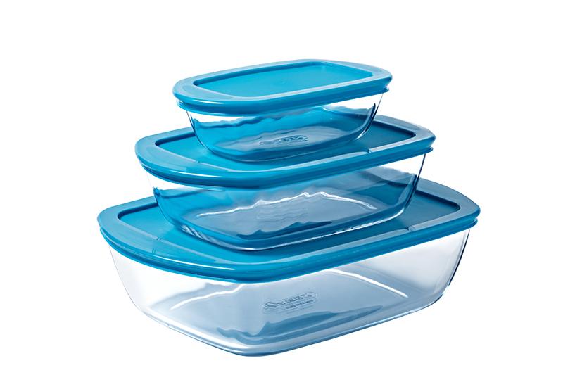 Pyrex® Cook & Store – Juego de 3 fuentes rectangulares de vidrio con tapas