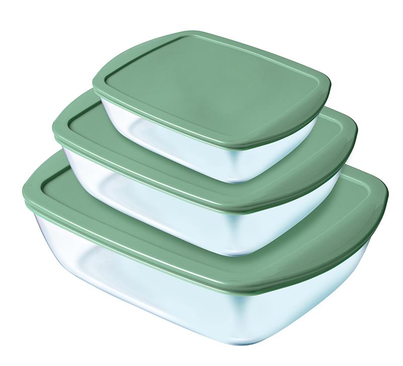 Pyrex® Cook & Store – Juego de 3 platos rectangulares de vidrio con tapas